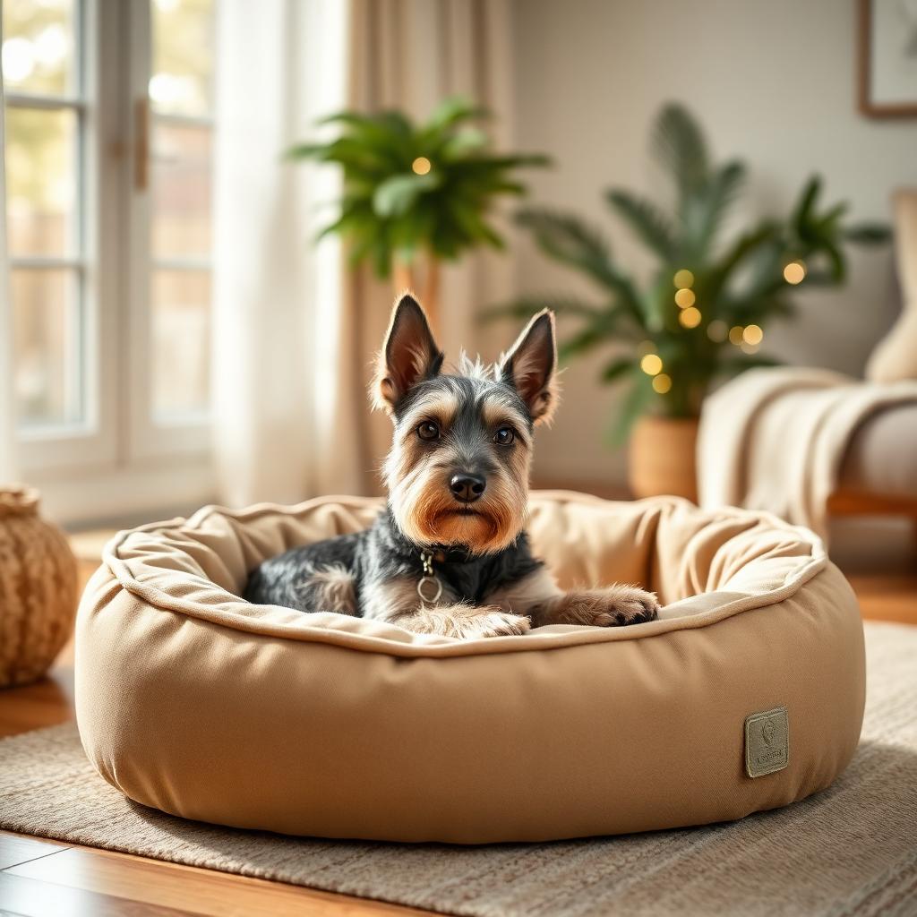 Cesky Terrier resting on a Gauchitto dog bed