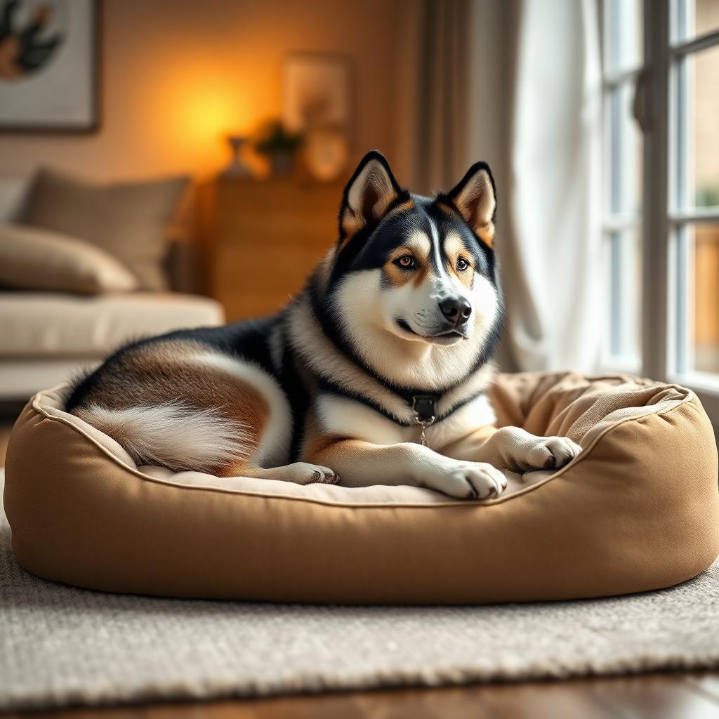Alaskan Malamute resting on a Gauchitto dog bed