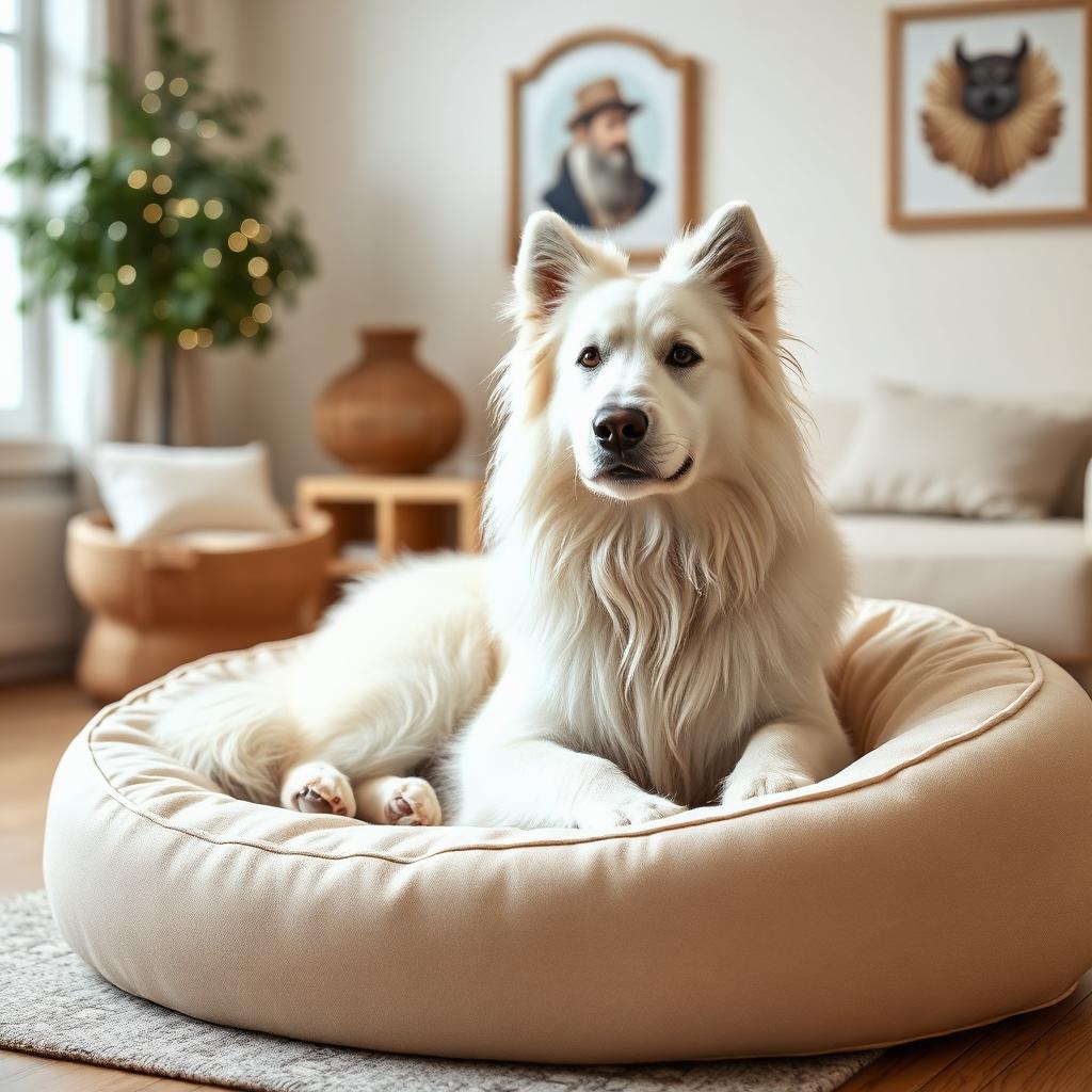 Slovak Cuvac resting on a Gauchitto dog bed