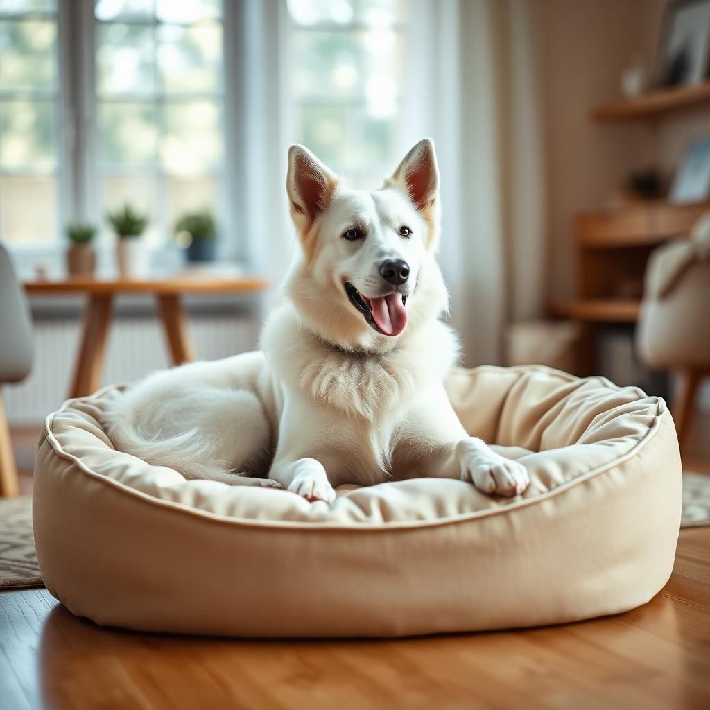 White Swiss Shepherd resting on a Gauchitto dog bed